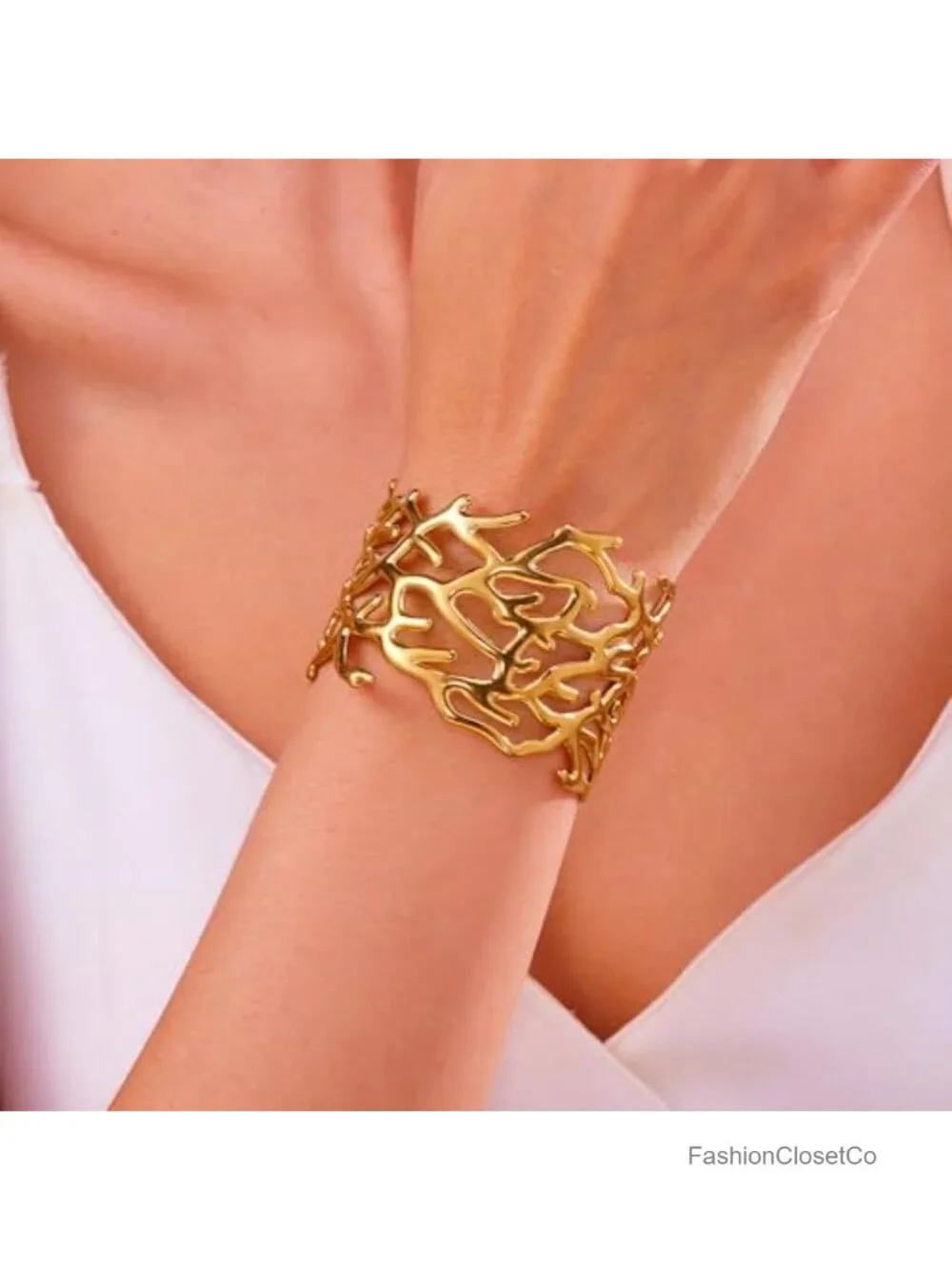 Wide Chunky Gold Cuff Bracelet - Open Cuff Bangle Adjustable, Hypoallergenic